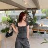 Summer New Korean Spice Girl Slim-fit Contrasting Stripes Square Neck Bow Strap-on Slim-fit Short-sleeved T-shirt Women's Top