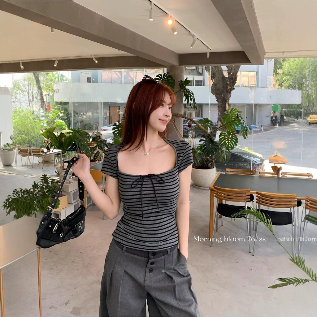 Summer New Korean Spice Girl Slim-fit Contrasting Stripes Square Neck Bow Strap-on Slim-fit Short-sleeved T-shirt Women's Top