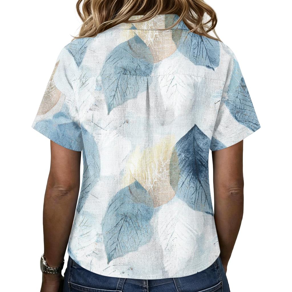 Women's Fashion Polo Collar Button Front Vintage Floral Print Loose Fit Short Sleeve T Shirt Linen Blend Casual Top