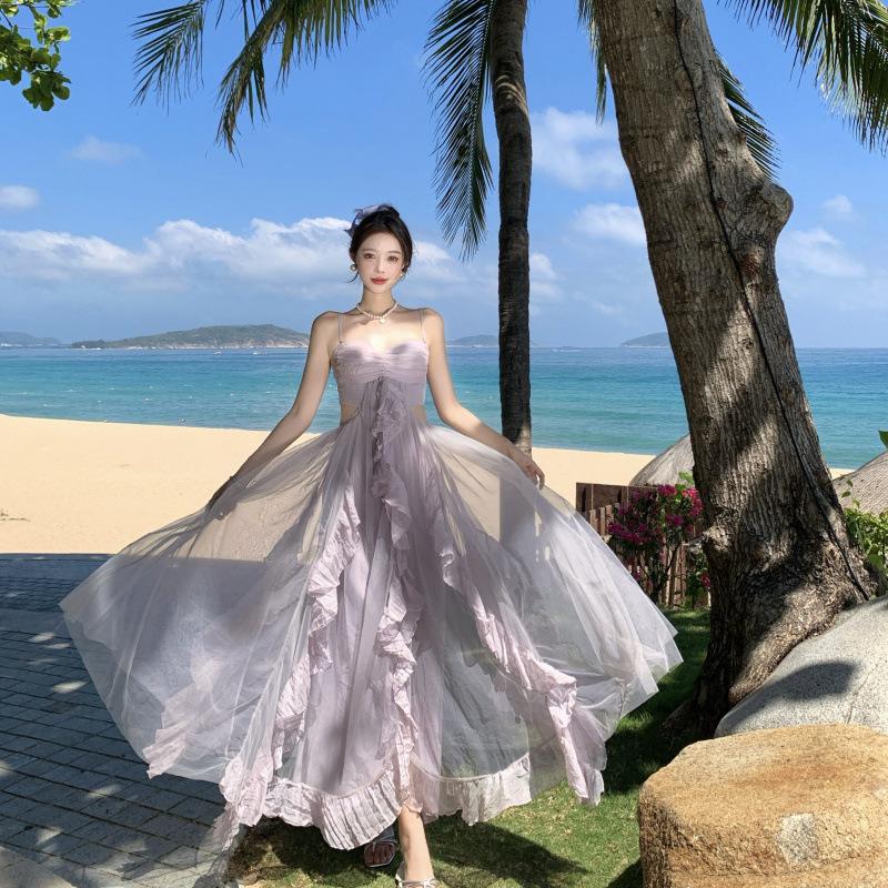 1011 holiday style dress 1011 spring new design tube top long dress purple mesh skirt