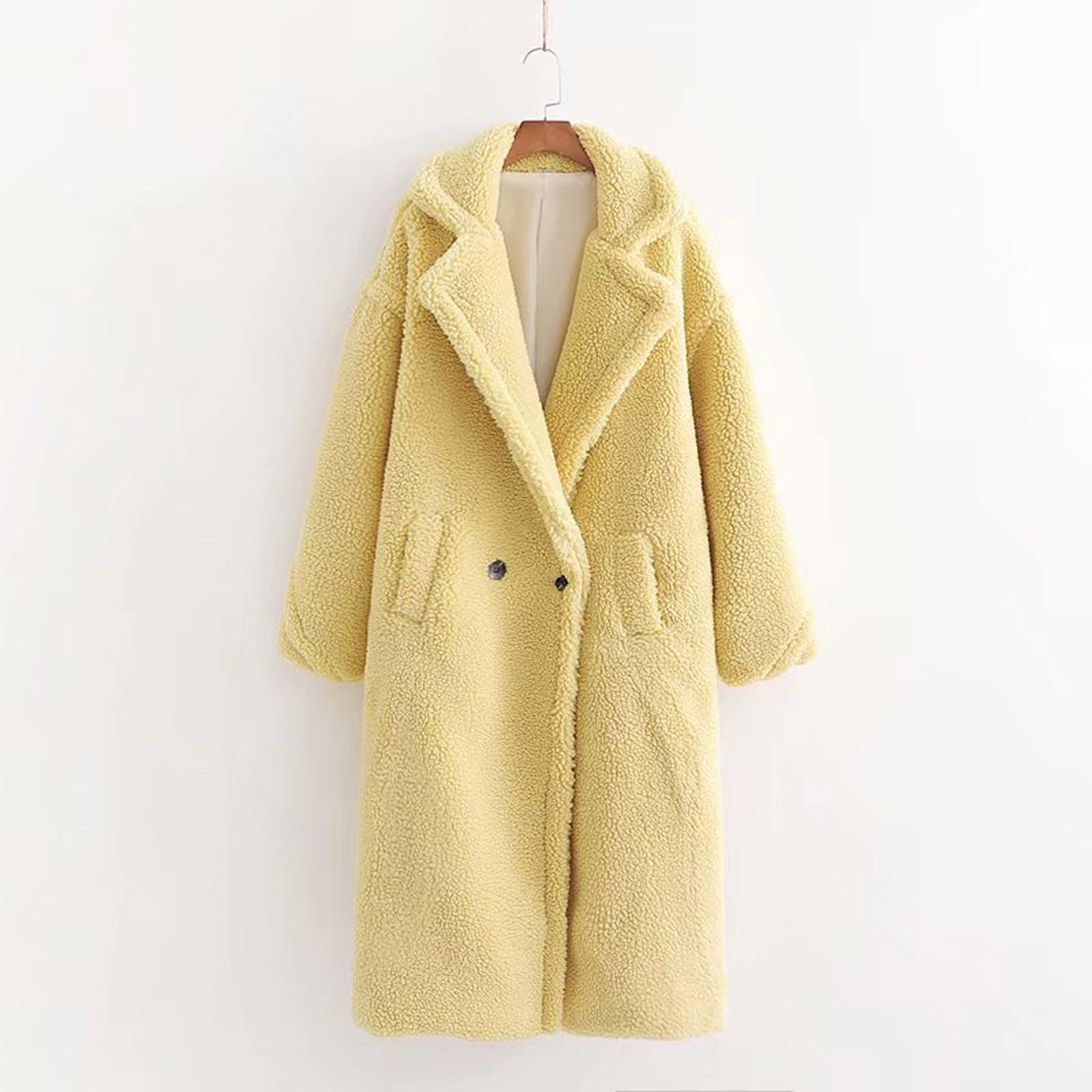 

Women Fashion And Winter Loose Medium Long Windbreaker Lamb Coat L жовтий