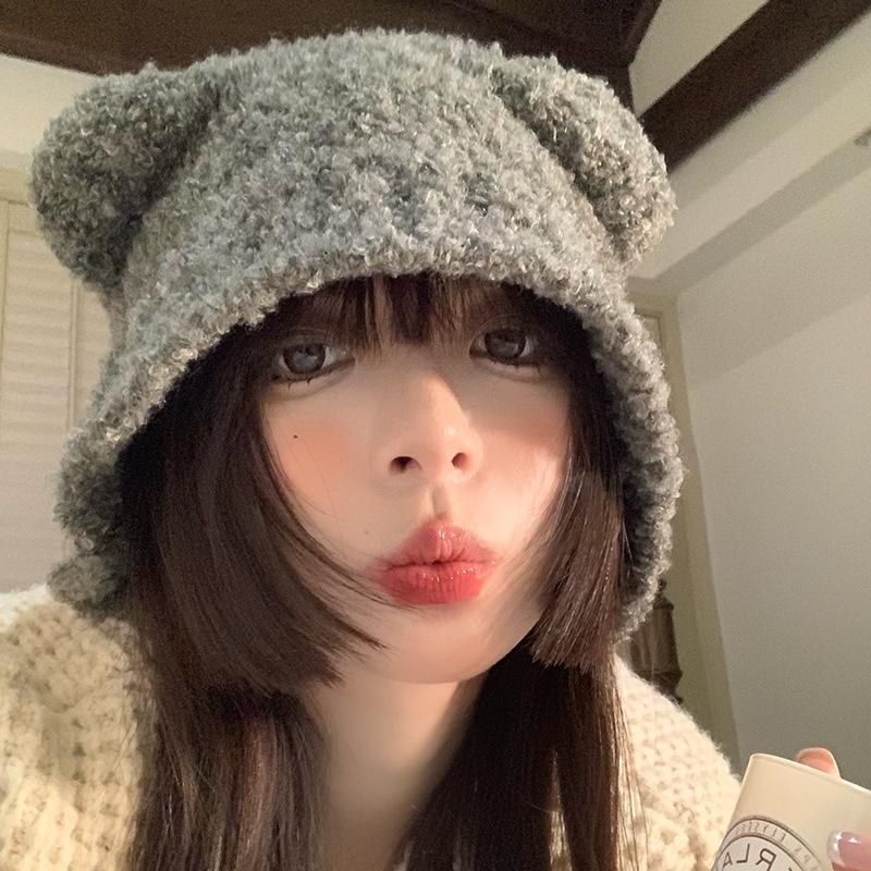Cute bear hat female winter warm gray ear hat autumn and winter knitted wool hat big head circumference