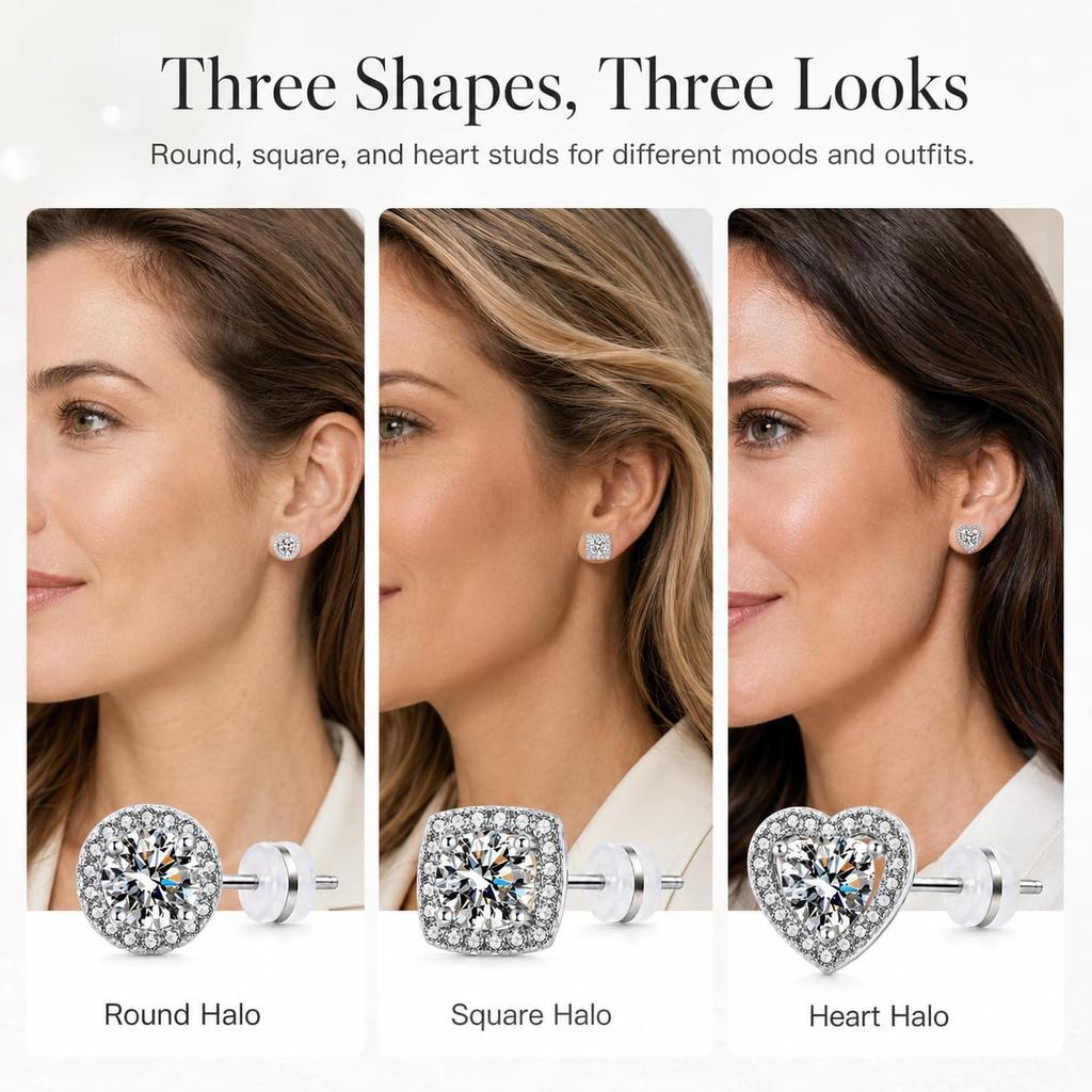 3 Pairs Cubic Zirconia Stud Earrings 925 Sterling Silver Earrings For Women | Hypoallergenic Halo Stud Earrings 14K Gold Plated Heart Round Square