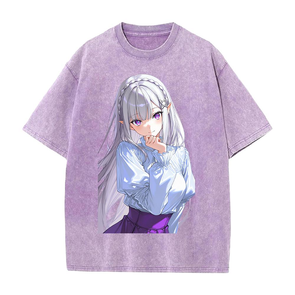Hot Anime Re ZERO Emilia Kawaii Print T-shirt Men Women Short Sleeve Clothing Cotton Tshirt Retro Washed T Shirt Male Manga Tops