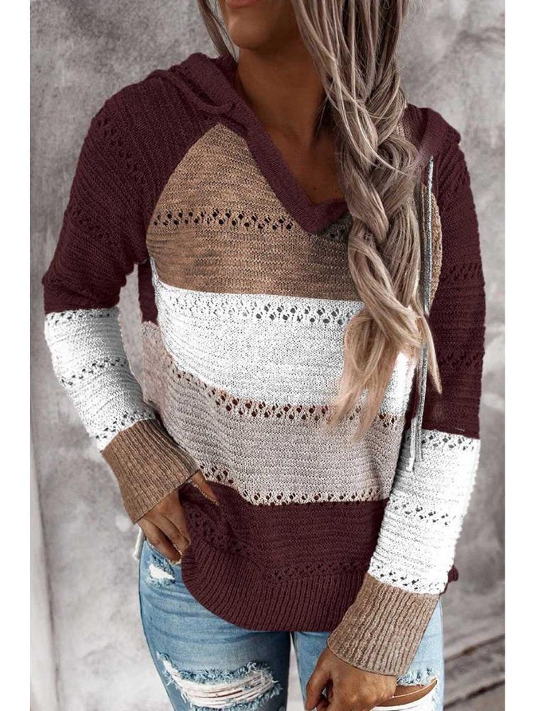 Herbst Winter Gestrickter Kapuzenpullover Dreifarbiger Patchwork Damenpullover Luxuriös Lässige Passform Schlankmachendes und Vielseitiges Oberteil