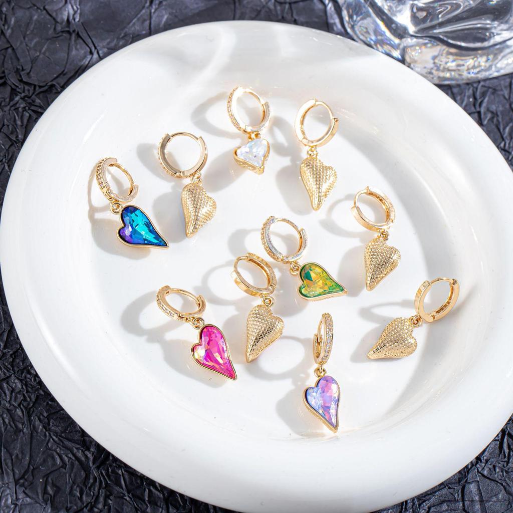 High-End European & American Zircon Heart Earrings – Colorful, Elegant Hoops, Clips & Dangles for Women