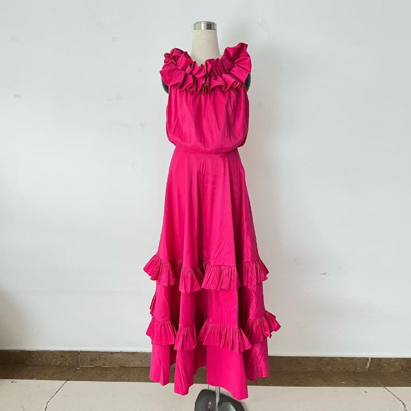 French Vacation Style Sleeveless Fungus Trimmed Panel Ruffle Vest Skirt Women's Suit