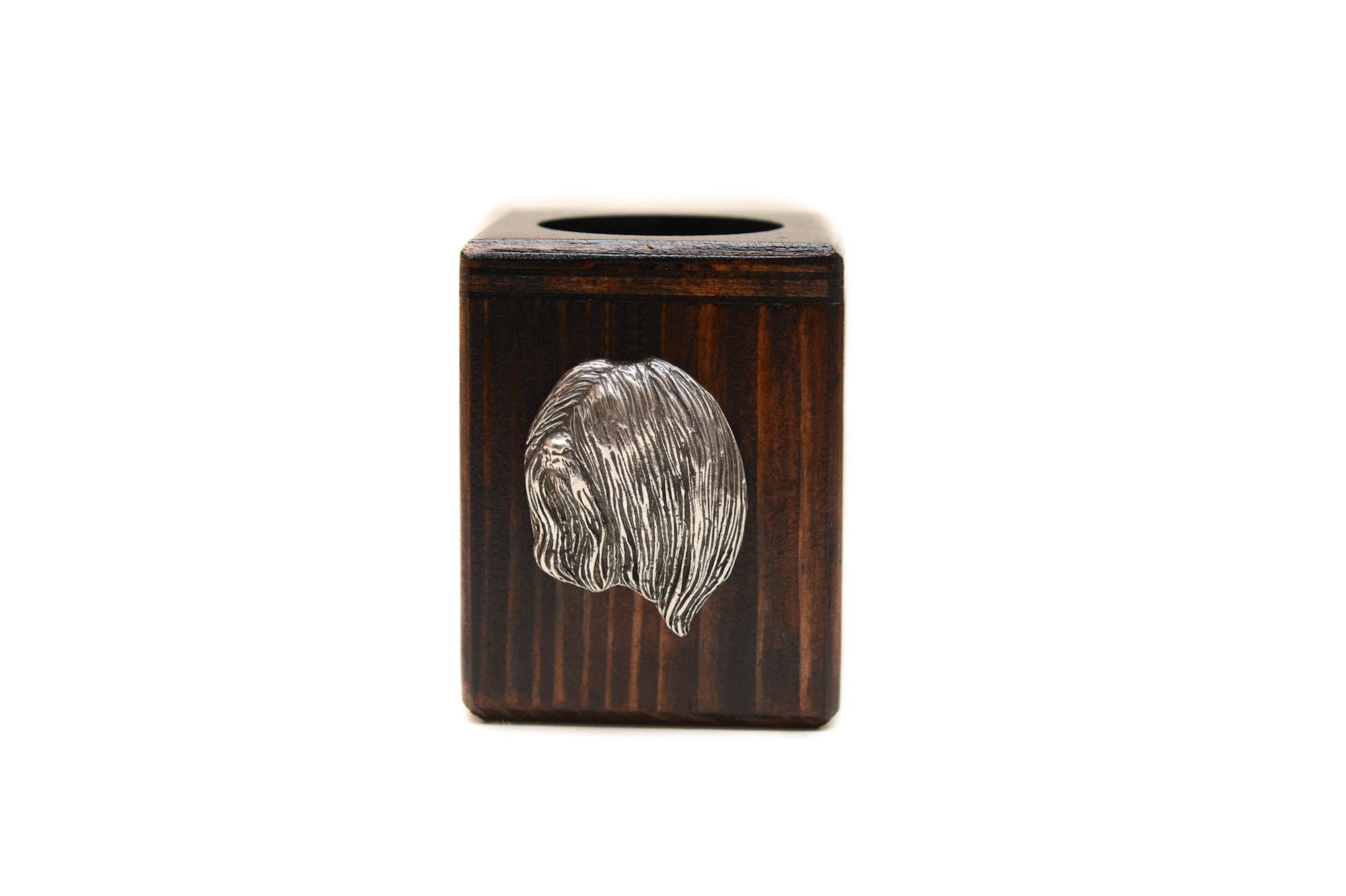 

Lhasa Apso - wooden candle holder with a dog, a unique souvenir after losing a dog, a handicraft from the Art-Dog brand коричневий
