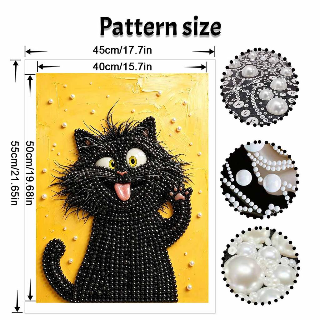 Framed Pearl Painting Kit Black Cat Funny Expression 3D Shiny Bead Art Canvas for Bedroom Living Room Decoration Wall Art Gift