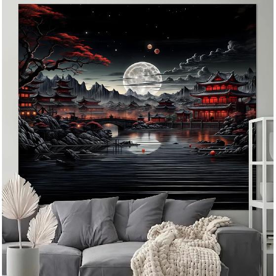 OIOVOIO Japanese Riverside Tapestry,Mountain Forest Nature Tapestry for Bedroom,Black and White Moon Landscape Wall Hanging,Aesthetic Anime Art Decor