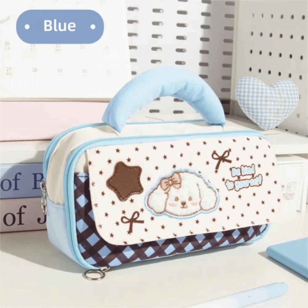 Large Capacity Embroidered Puppy Pencil Case Handheld 5 Layer Cartoon Pen Bag Zipper Closure Multi-functional