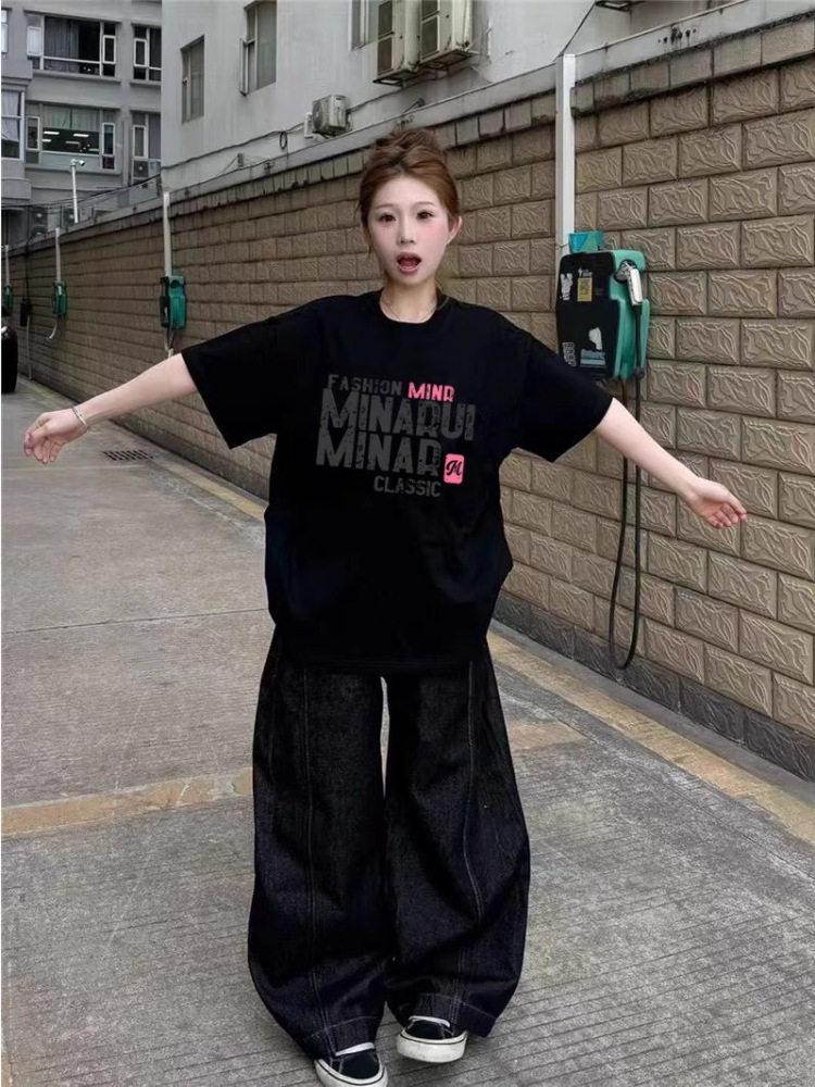 Women's Black Pure Cotton Trendy Streetwear Loose-Fit Short Sleeve T-shirt