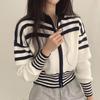 Korean Chic Autumn French Retro Zipper Stand Up Collar Waist Cinching Short Style Long Sleeved Striped Knit Sweater Jacket for Women