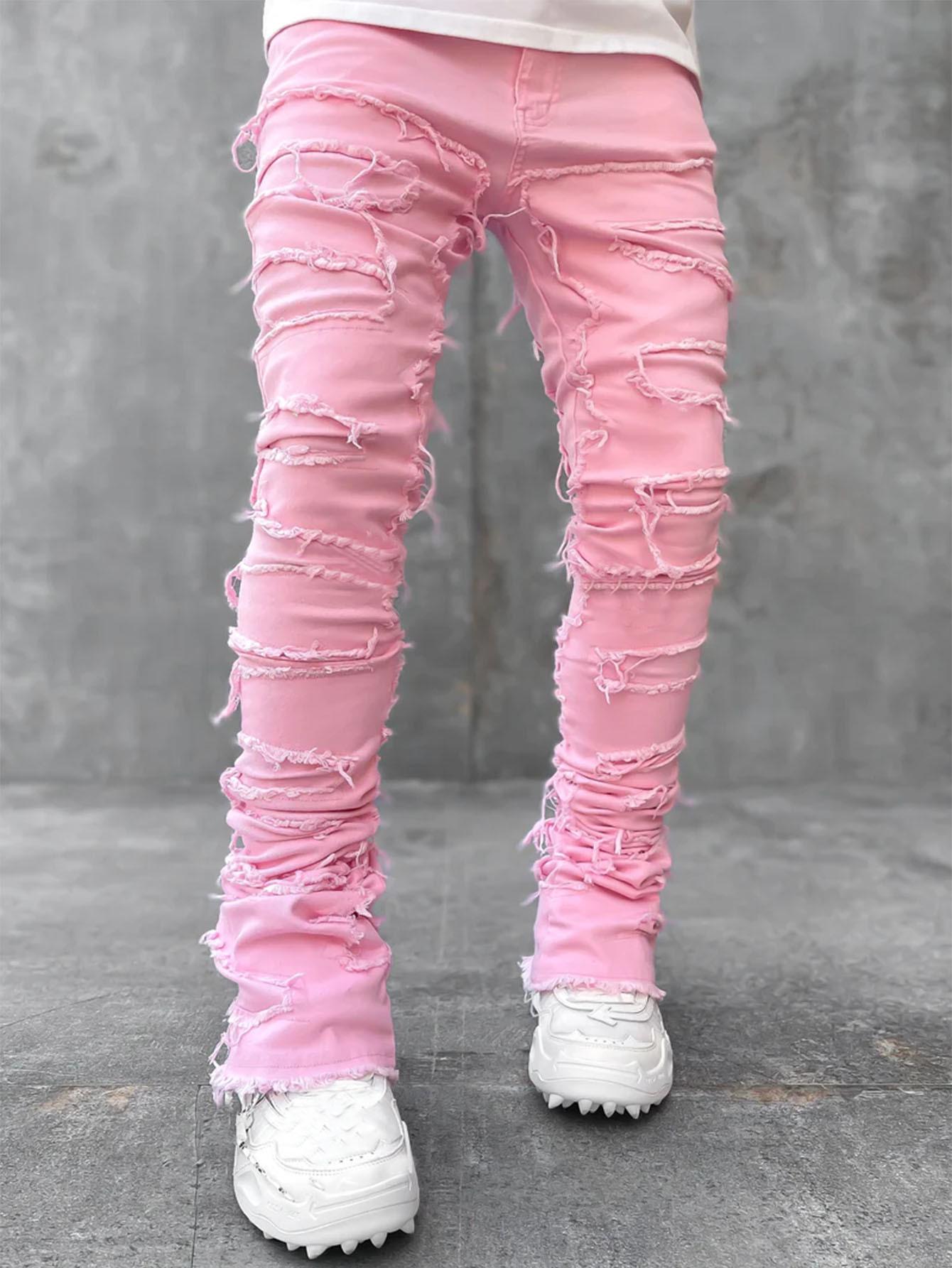 

Men s Fashion Trend Elastic Tassel Patchwork Straight-Leg Jeans XXXL