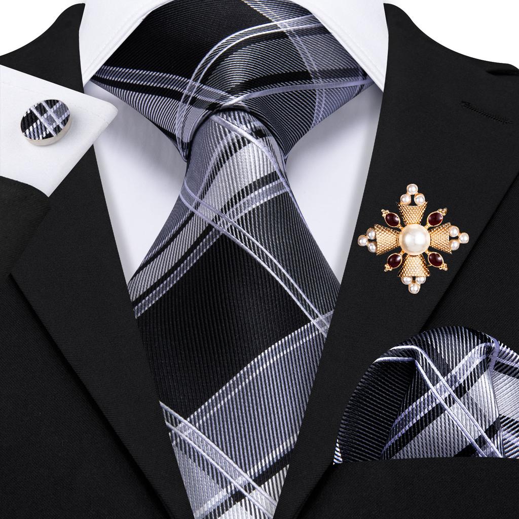 Pearl Brooch with Silk Tie for Men Vintage Floral Teal Necktie Hanky Cufflinks Gift Formal Set