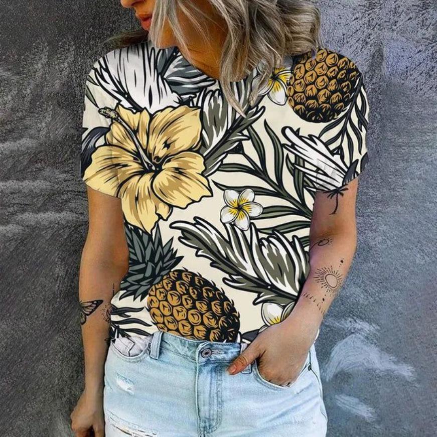 Fashionable Tees Minimalist 3D Print Pattern Women's T Shirt Round Neck Short Sleeved Top