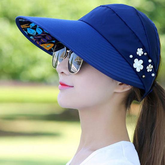Women Solid Color Wide Brim Beads Flower Decor Sun Hat Visors Outdoor Sports Cap