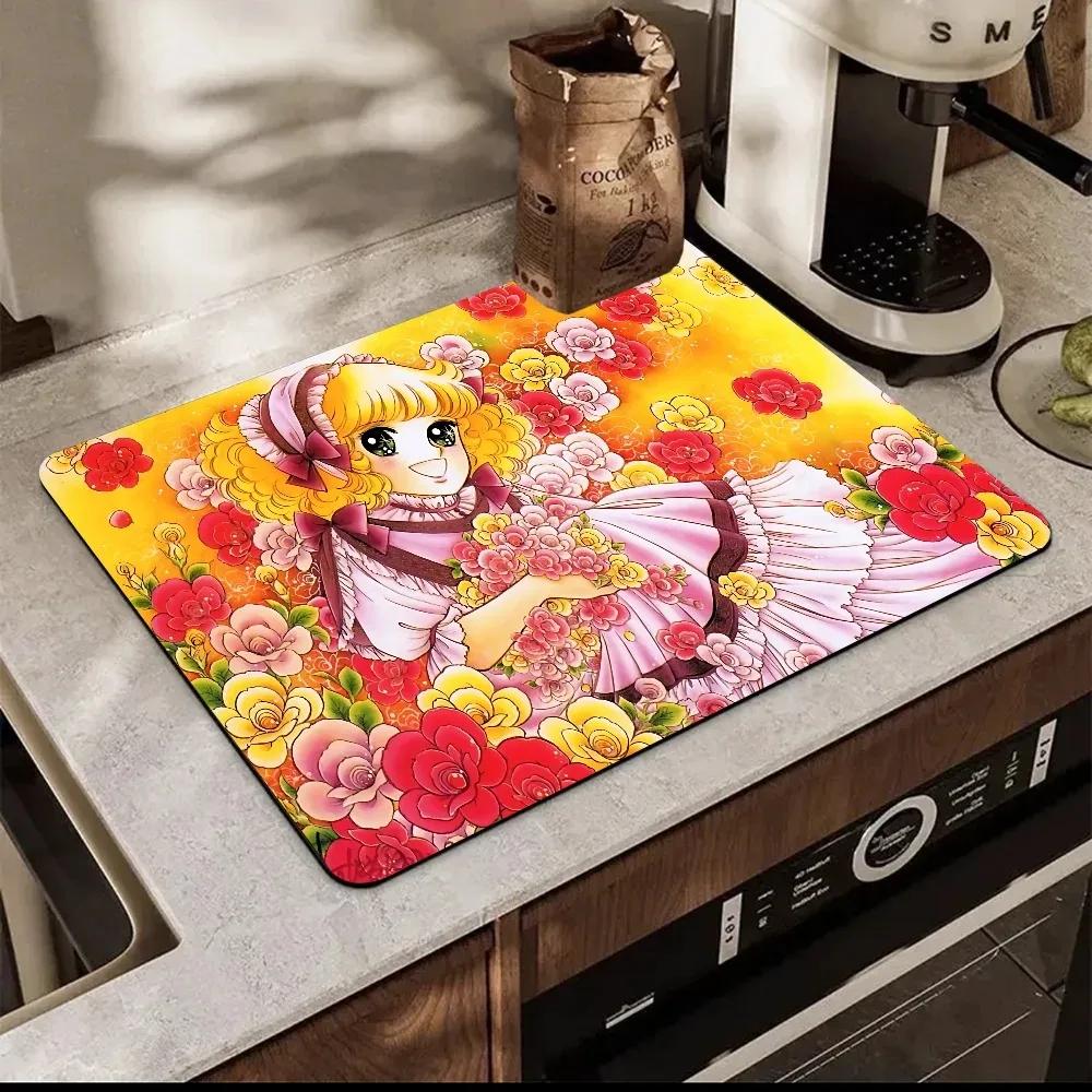 Cartoon Women's Candy Candy Printed Dish Drying Mat Super Absorbent Coffee Drain Pad Tableware Quick Dry Rug Kitchen Dinnerware