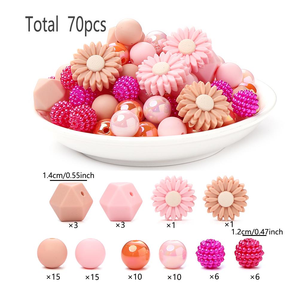 70Pcs Silicone Baby Teething Bead Set Daisy Hexagonal Shape Beads Food Grade for Newborn Diy Pacifier Chain Necklace Accessories