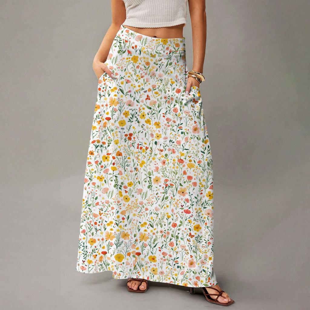 Damen Lässig Freizeit Faltbar Blumenmuster Hohe Taille Mit Tasche Drapierter Entspannter Langer Maxi-Rock