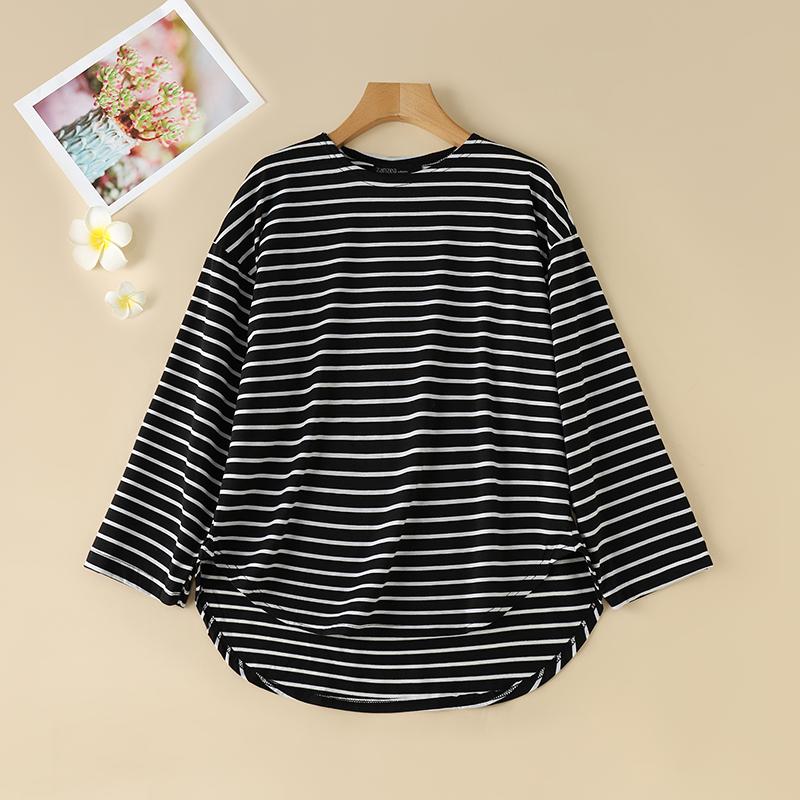 ZANZEA Women Casual Round Neck Long Sleeve Loose Stripe T-Shirts