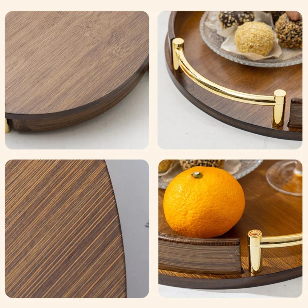 Household Bamboo Light Luxury Tea Set Tray Simple Style Round Fruit Tray Vintage with Handle Tableware Tray Afternoon Tea