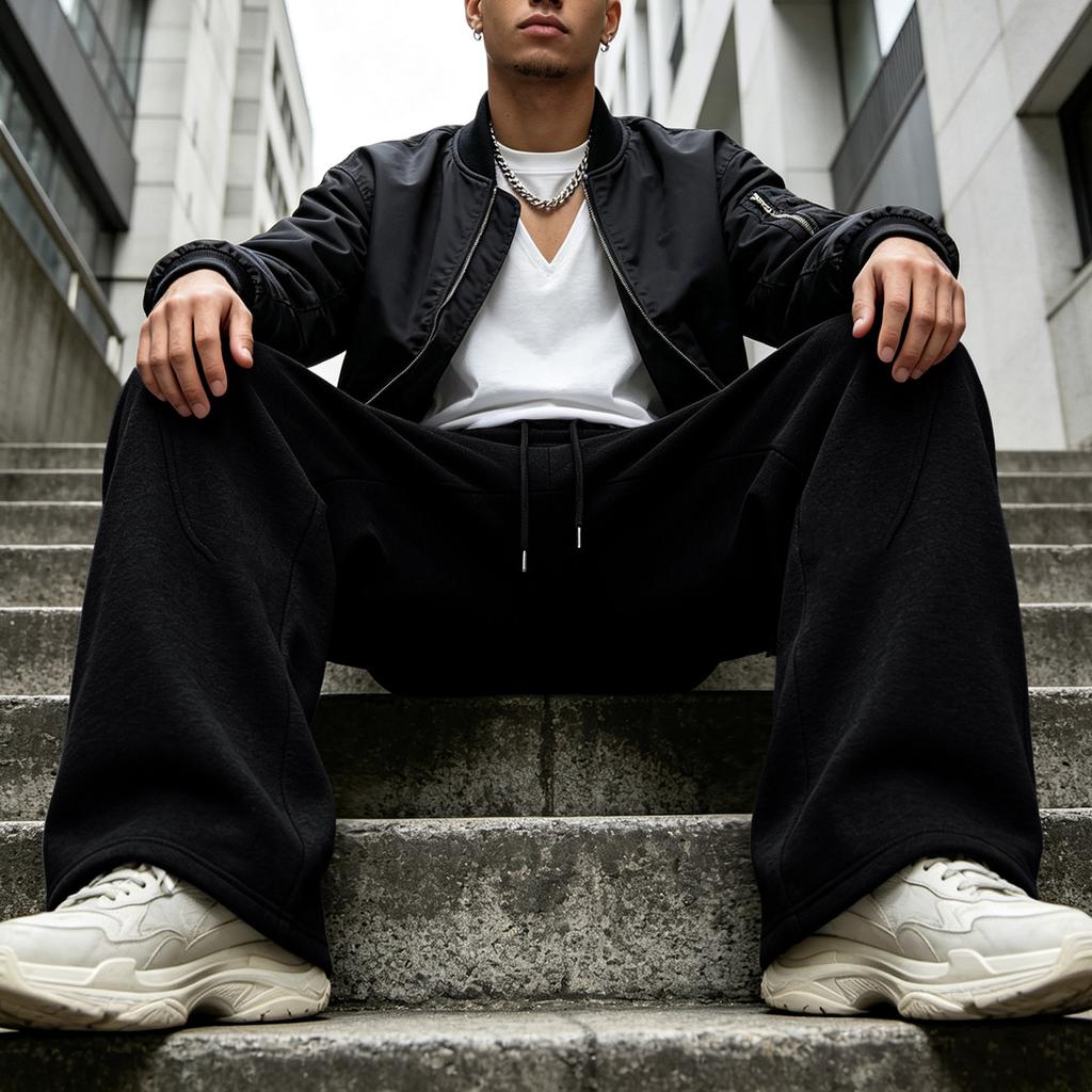 Men's Casual Loose Fit Wide Leg Pants with Elastic Waist Straight Leg Long Trousers