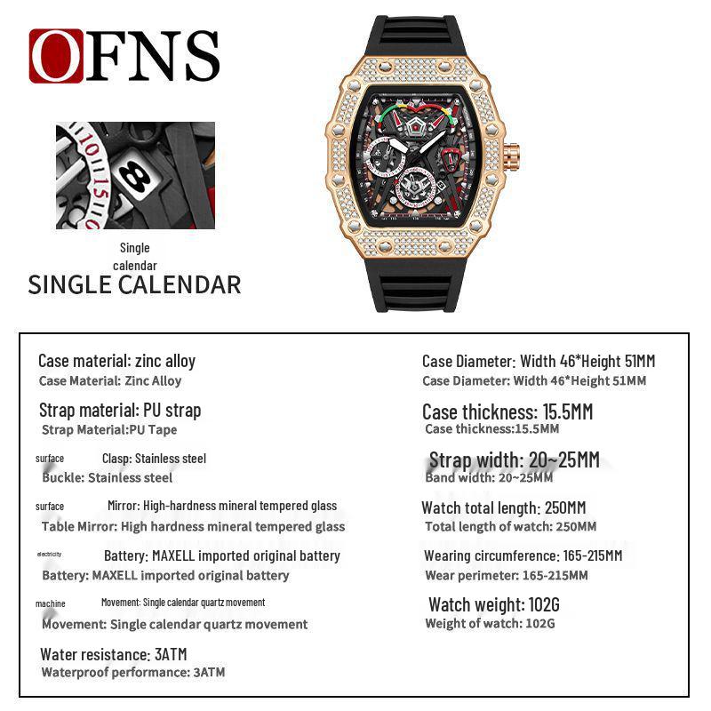 Oufannishi Barrel-Shaped Quartz Waterproof Skeleton Men's Watch with Calendar and Luminous Features