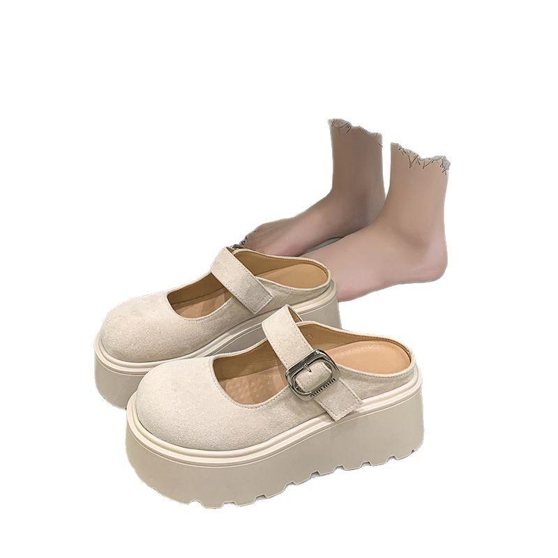 2025 Spring Muffin Thick-bottomed Bag Head Half Slippers Women Wear New Height-increasing Versatile Velcro Retro Cool Slippers