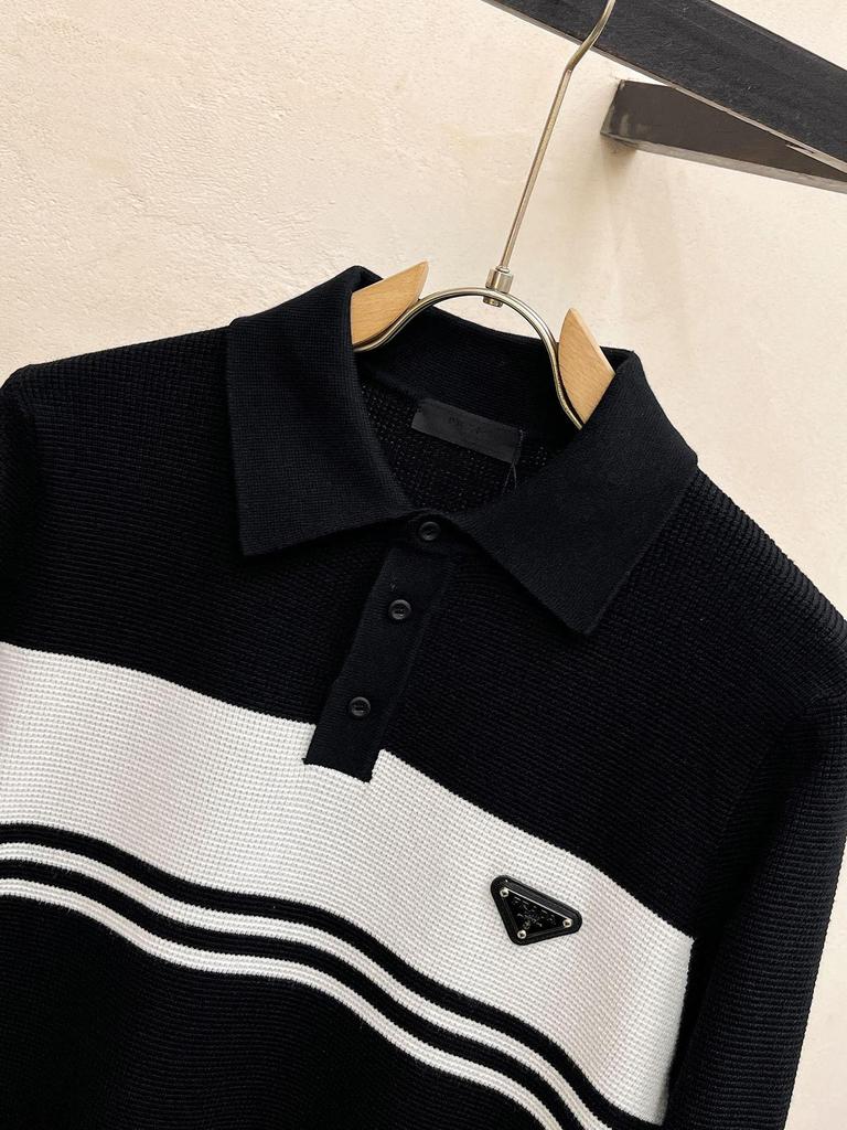 European Men's Luxury Knit Polo with Stripe Patchwork and Triangle Logo