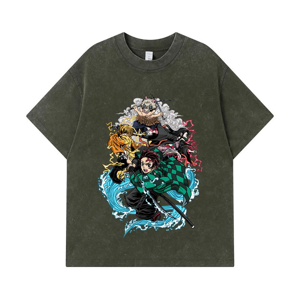 

275 GSM Washed T-shirts 100% Cotton Demon Slayer V23 Hashiras Print Unisex Heavy Cotton T Shirt S армия зеленый