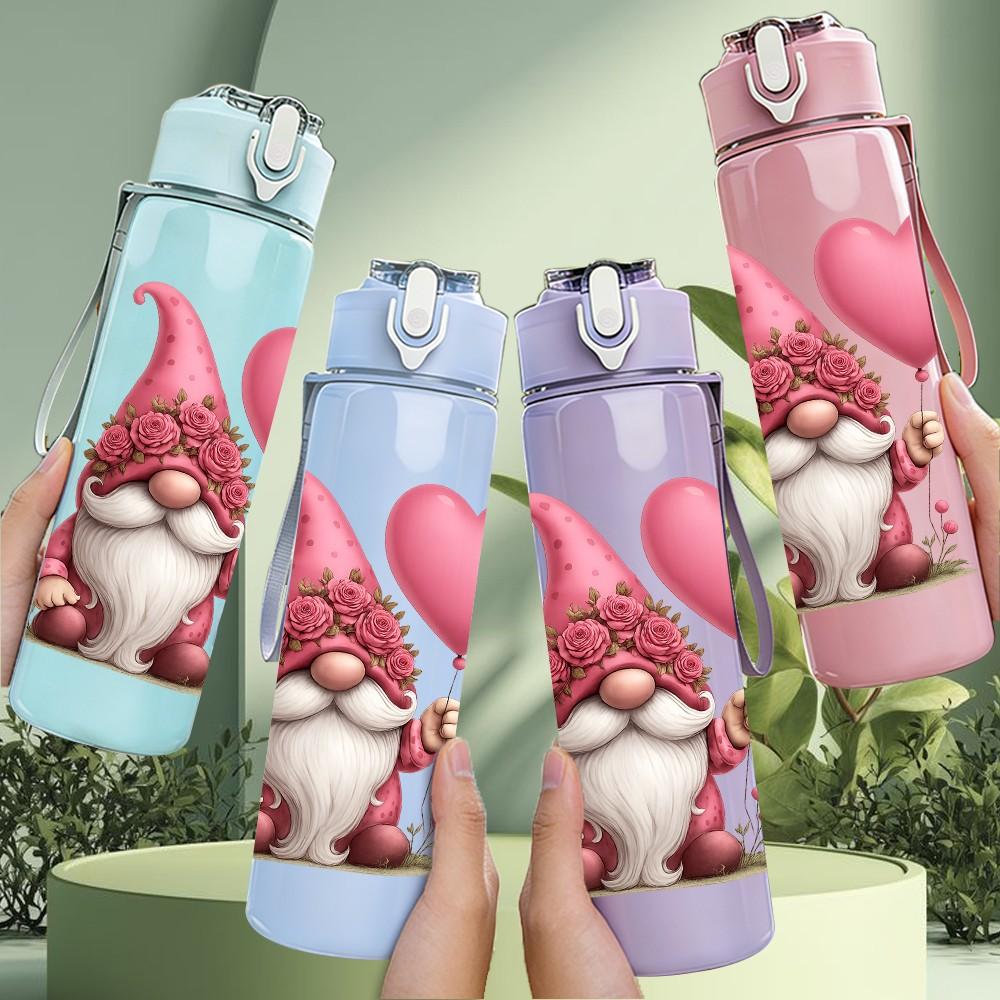 1PC Cute Pink Heart Gnome Pattern 750ml Color Plastic Sports Water Bottle Leakproof Flip Straw Lid Suitable for Sports Office Home Use