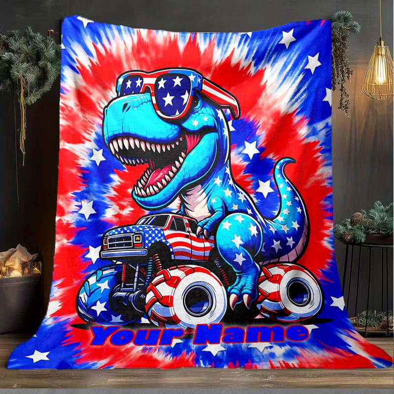 1PC Custom Name American Dinosaur Adventure outdooor Flannel blankets Patterns Throw Blanket All-Season Soft Gift for Couch, Bed, Camping gifts