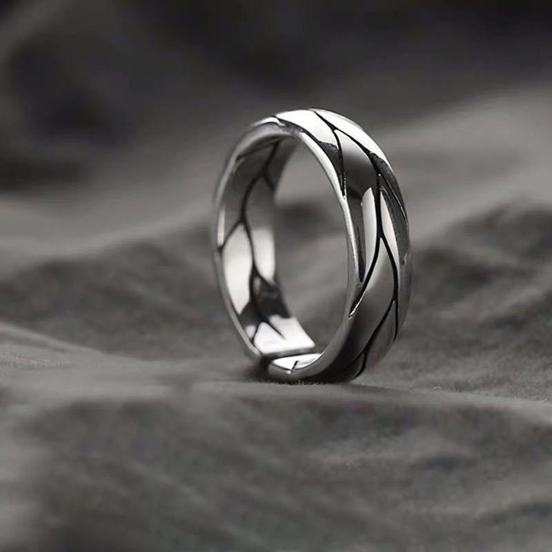 S925 Silver Men s Green Vine Adjustable Ring - Retro Korean Style Tritium Design