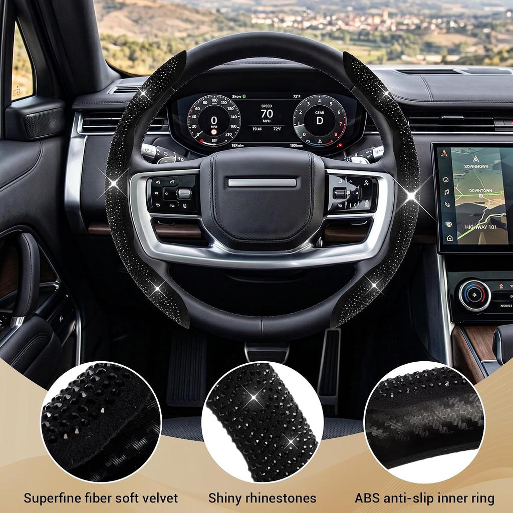 EINESIN 3PCS Bling Diamond Steering Wheel Cover, Segmented Steering Wheel Protector, Butterfly Steering Wheel Cover, Universal 99% Car Wheel Cover