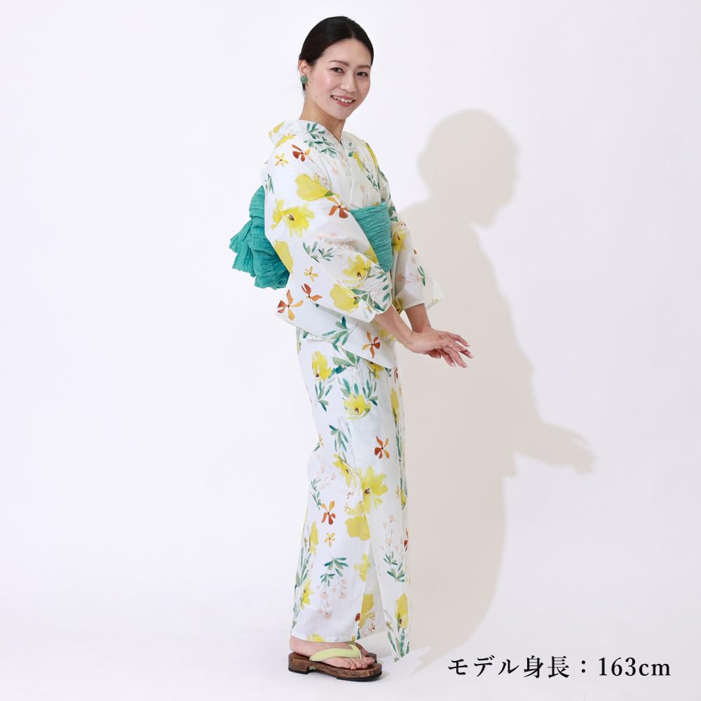 Kyoto Kimono Yuzen Women's Yukata and Obi Set, 2-Piece, Floral Print, Summer Kimono (Yellow)