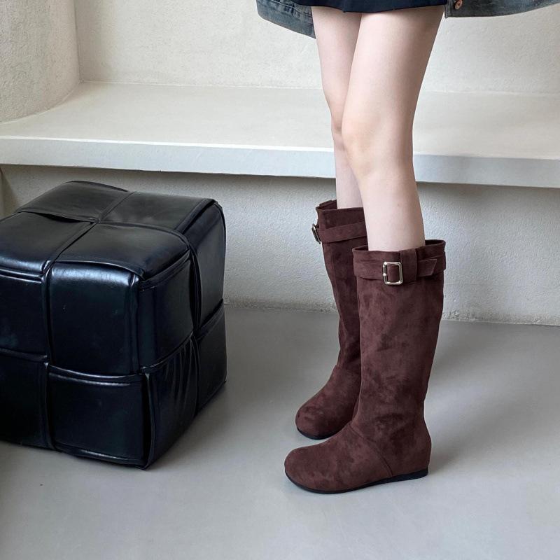 Inner Height Increase Small Suede Stacking Boots Medium Tube Knight Boots Women's Shoes 2025 New Autumn and Winter Medium Tube Boots Children