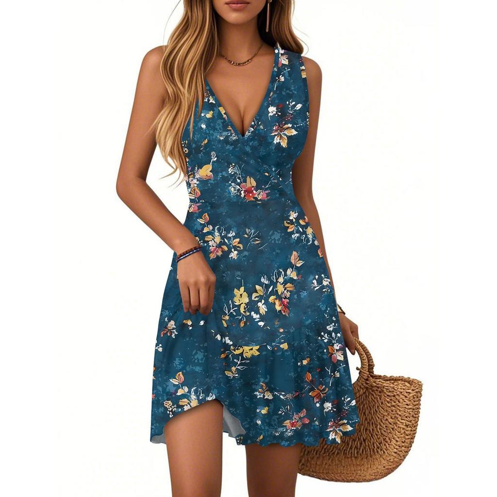 Women's Dress V-neck Sleeveless Casual Floral Print Hem Pleated Dress