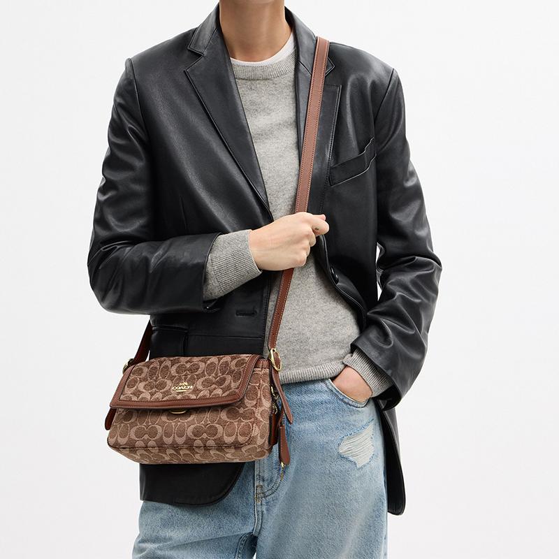Coach Etta 25 Klassische Monogramm-Stoff-Umhängetasche Mittelgroß Damen-Umhängetasche Hell-Khaki Vintage-Braun CCV65-IMYN0