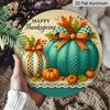 2D Flat, A Single Decorative Aluminum Wall Sign, Featuring a Round Design with The Words 'Happy Thanksgiving', Along with a Pumpkin And Autumn Leaf