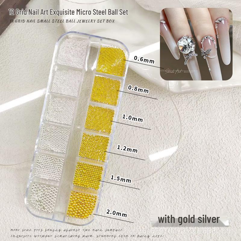 12-Grid Mini Steel Beads Nail Art: Mixed Size Gold & Silver Rhinestones (0.8mm)