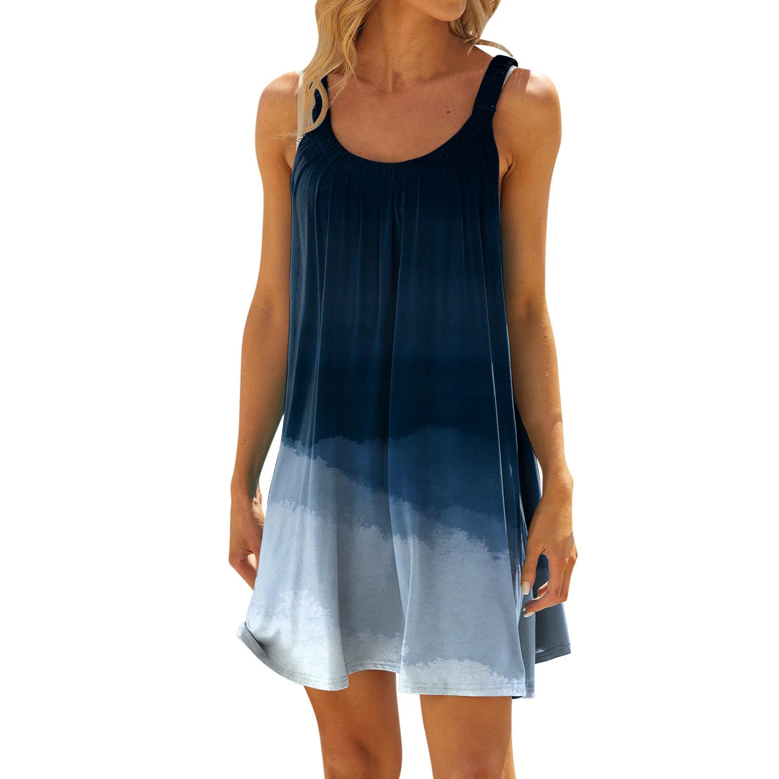 

(SU)Женское модное летнее пляжное повседневное милое мини-платье без рукавов с принтом L синий