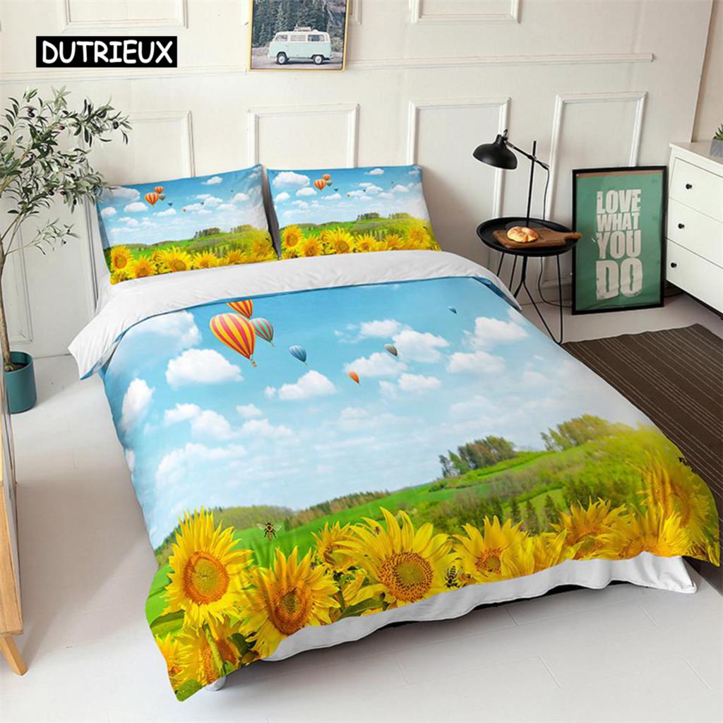 Sunflower Duvet Cover Set Yellow Flower Twin Bedding Set Polyester Black Gold Yellow Sunflowers Print Quilt Cover for Kids Teens