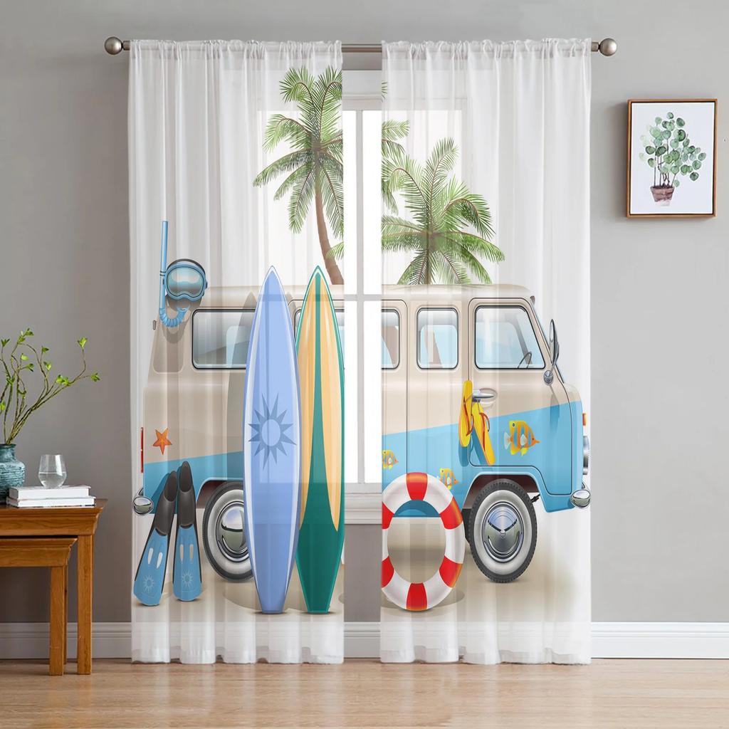 Truck Car Cartoon Voile Curtains Window Treatment Kitchen Living Room Bedroom Decoration Chiffon Tulle Modern Light Filtering Made Of Polyester