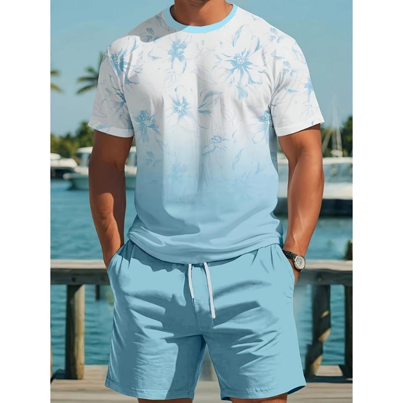Men s Tropical Floral Print Round Neck Short Sleeve Casual Suit S