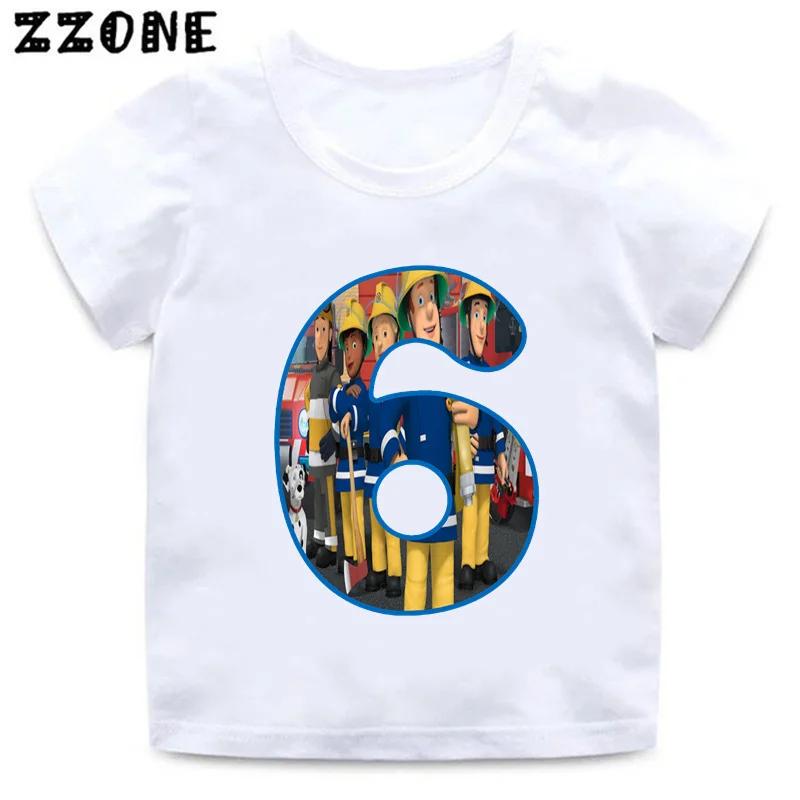 Fireman Sam Firefighter Print Cartoon Boys Clothes 1 2 3 4 5 6 7 8 9 Years Birthday Number Kids T shirt Cute Baby Girls TShirts