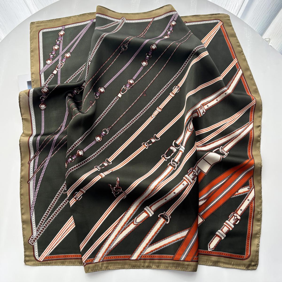 

Imitation Silk Square Scarf For Women Chain Printed Bandanas Stylish Hairband Luxury Hijab Neckerchief Elegant Shawl Wraps
