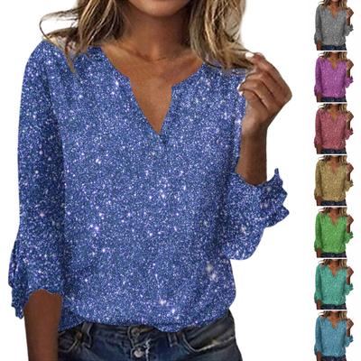 Women's Tops Loose Casual V-Neck Sequins Printed Flared Sleeve Seven Sleeve T-Shirt