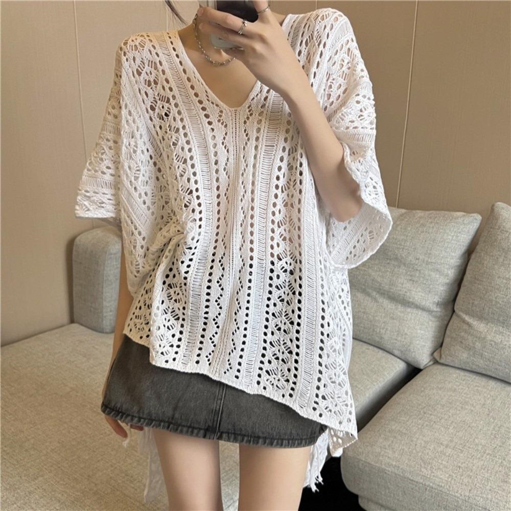 Oversized Knitted Bikini Cover Up V-neck Beach Wear Hollow Out Swimsuit Cover Up  Streetwear
