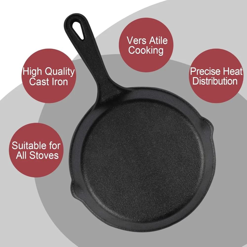Cast Iron Skillet 6 Inch, Frying Pan with Drip-Spouts, Pre-seasoned Oven Safe Cookware, Camping Indoor and Outdoor Cooking